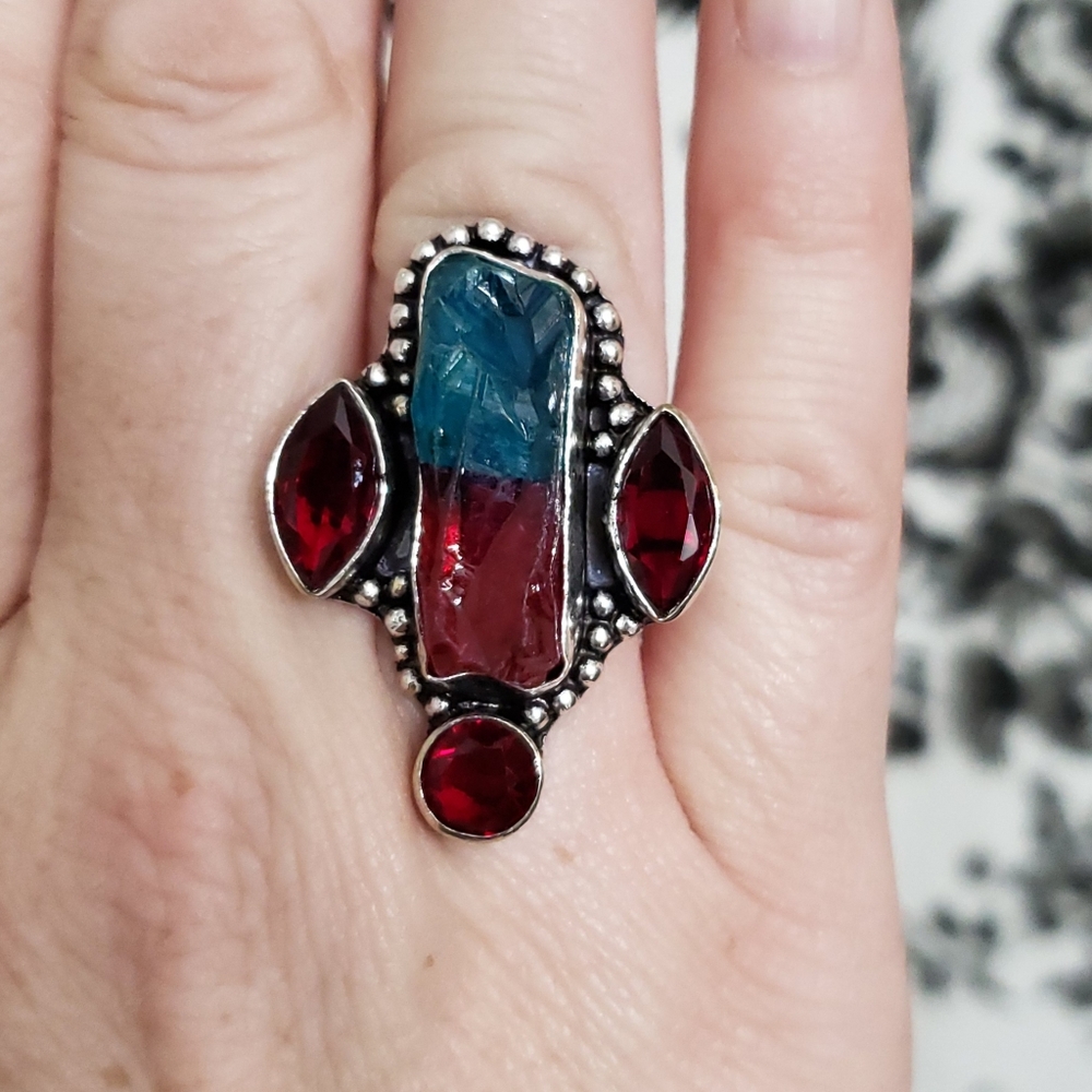 New Rough Bi-Color Tourmaline and Garnet 925 Silver Ring.